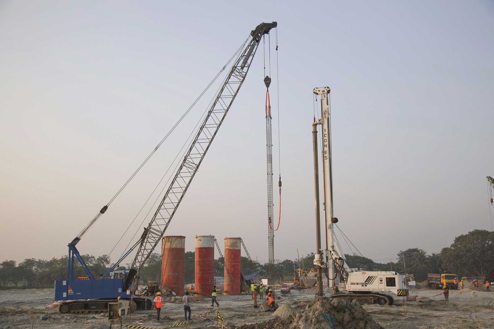 Rebar cage installation with the help of crane